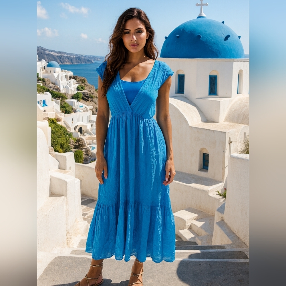 Elena Baldi Silk Blend Dress Size M Short Sleeve Tiered V Neck Made In Italy